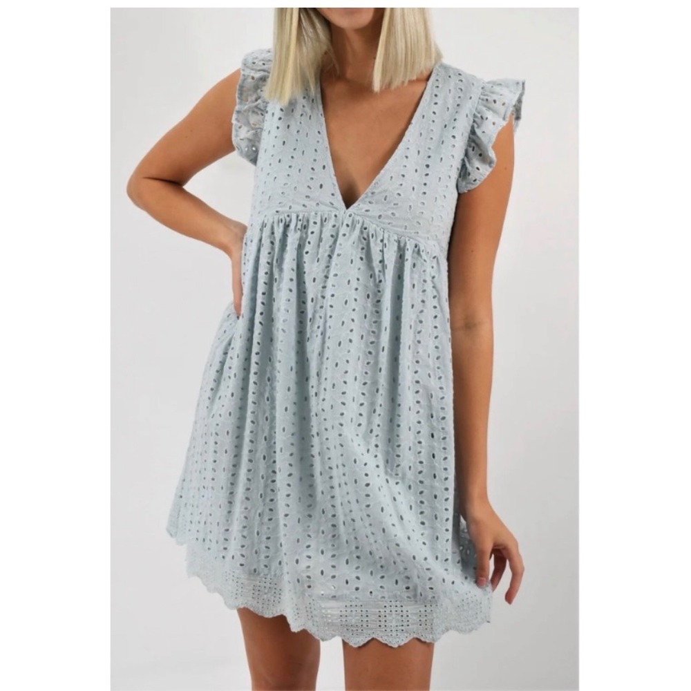 Babydoll eyelet baby blue pockets romper shorts ruffle fairy coquette dress sz L
